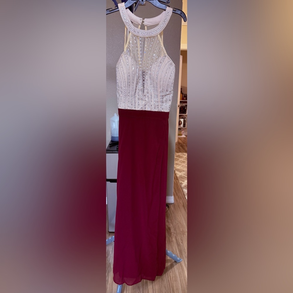Elegant Burgundy and White Beaded Dress